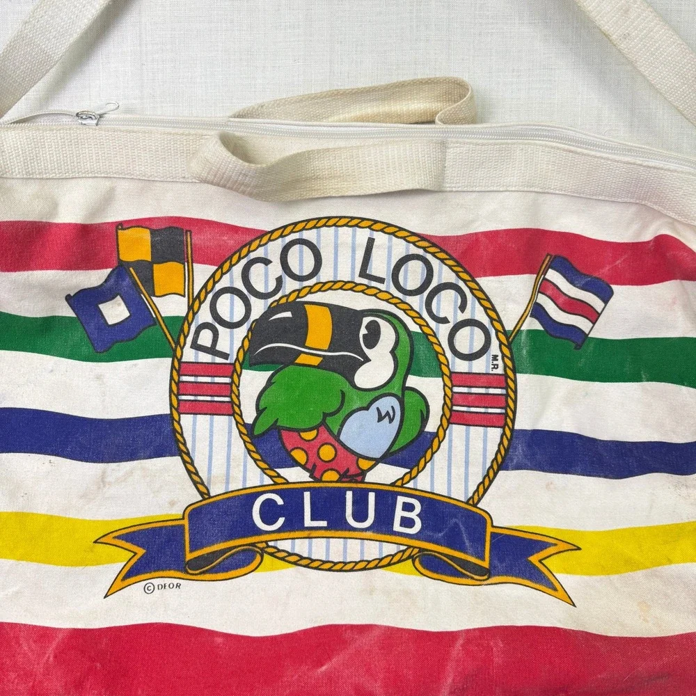 Vintage Poco Loco Club Duffel Bag L Multi Color Striped Cancun Toucan Bag 26x20